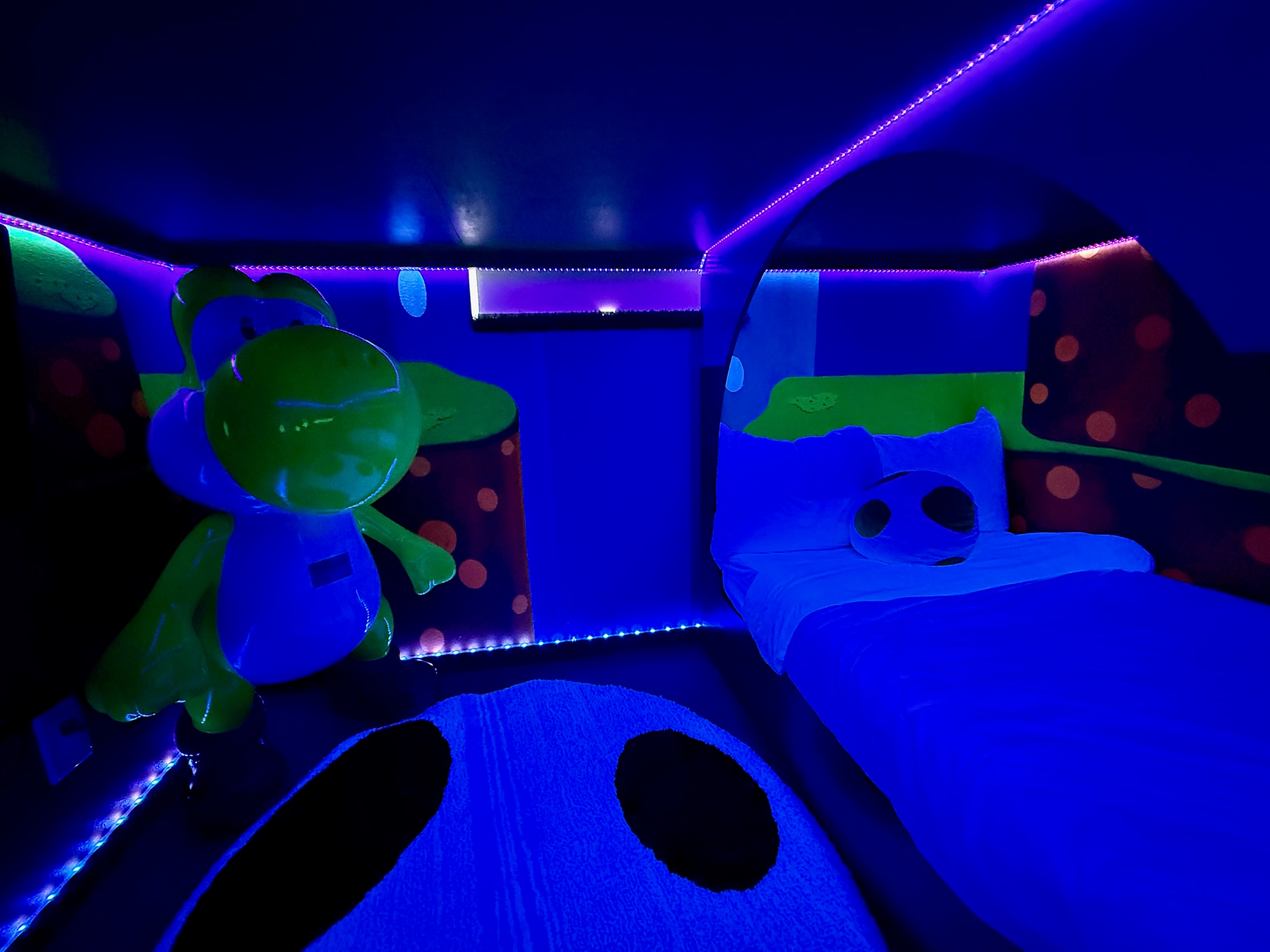 All the lights will turn off and create a peaceful sleeping space. Twin bed below. 