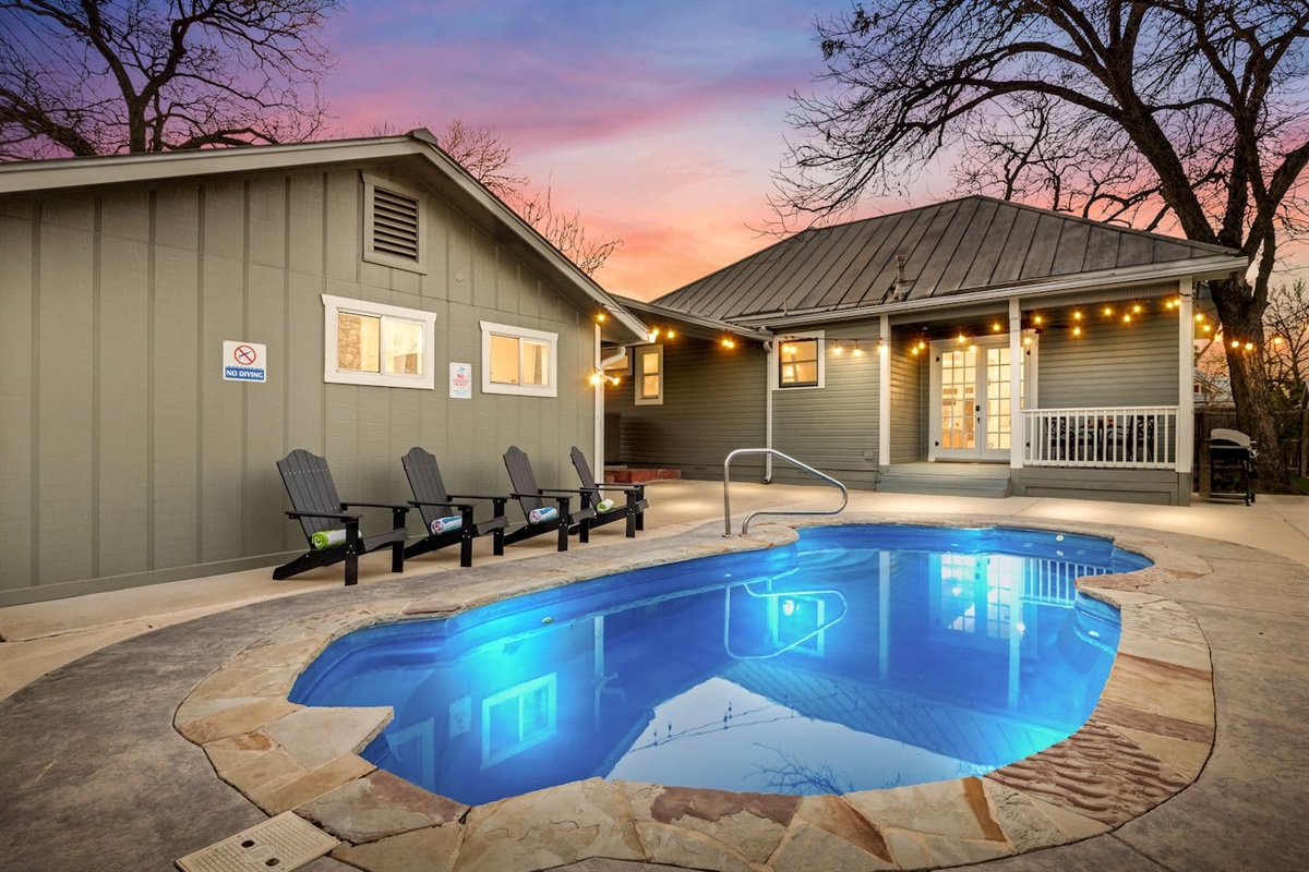 As dusk sets in, enjoy an enchanting evening by the pool, with our string lighting setting the perfect mood for relaxation. Your casita is the home to the left.