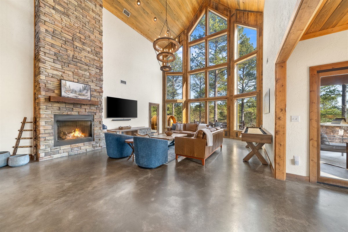 Statement gas fireplace in the great room.