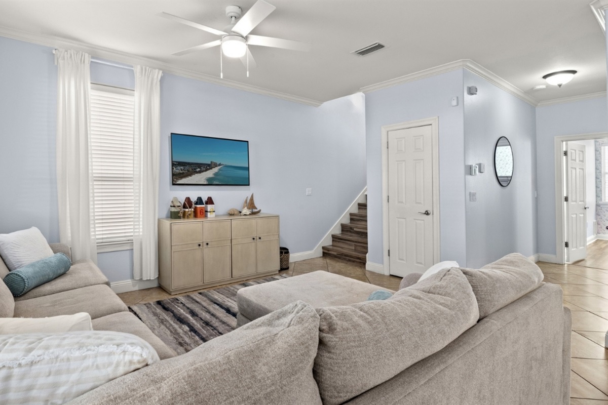 Smart TV, comfy sectional, vacation mode on.