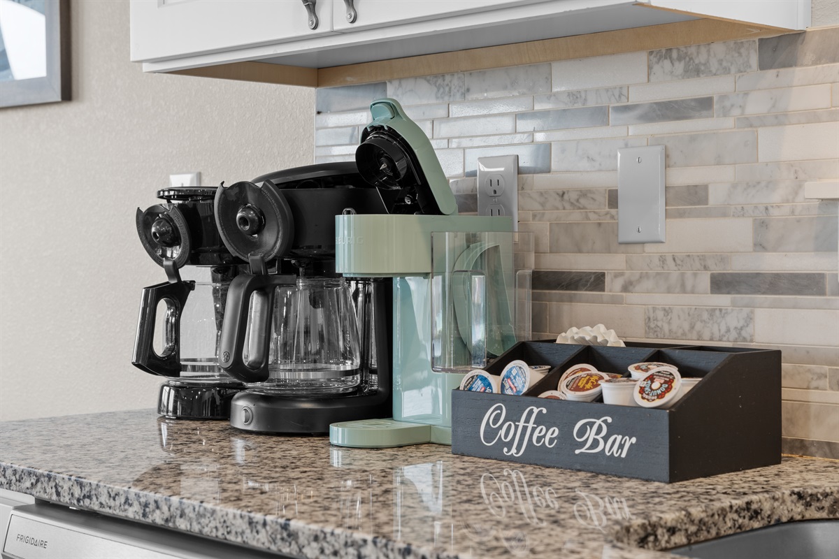 Kitchen with regular coffee makers and a Keurig