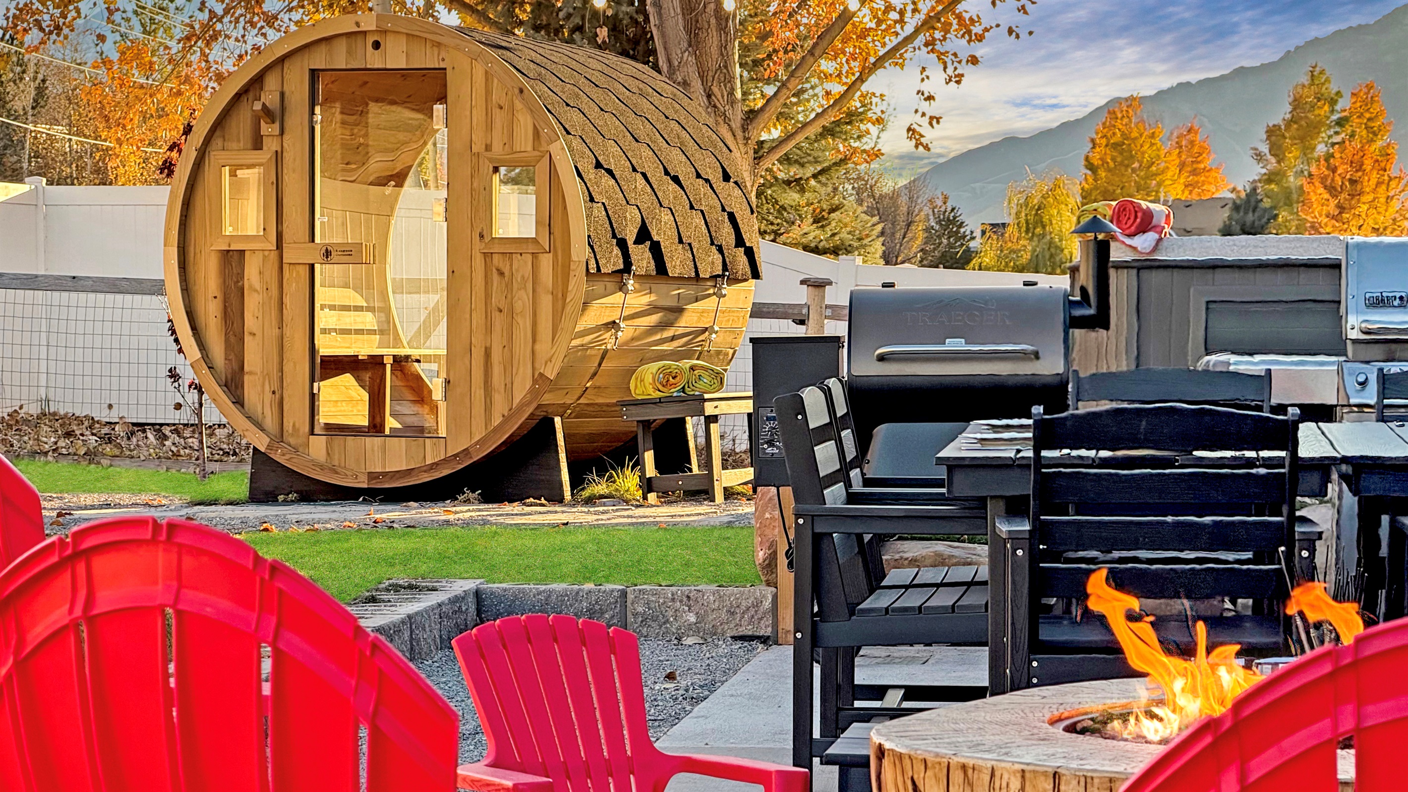 Adventure-ready, relaxation-bound. Your private sauna  hot-tub, Weber and Traeger and fire pit await the day's tales.