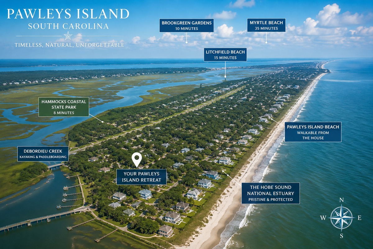 You are right in the heart of Pawleys Island with the beach and creek both minutes away. ⭐