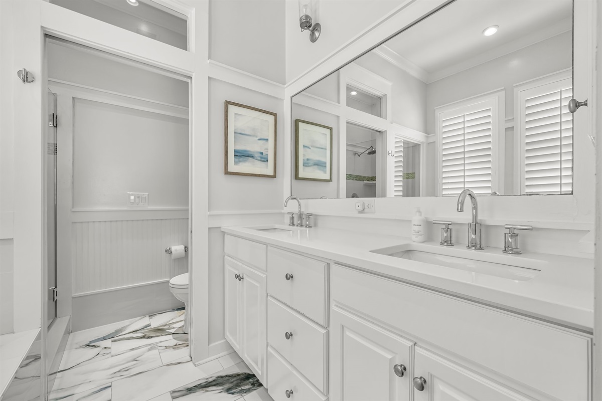 Remodeled Master bathroom with dual vanity, soaker tub & walk-in shower