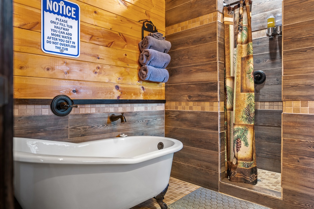 Soak away your troubles in the stand alone soaking tub. Bring epsom salt. Use the dual head shower (big enough for 2) to get the troops together and out the door quickly.
