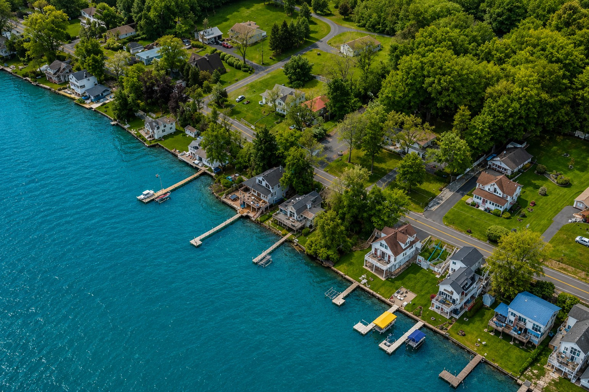 Aerial shot showcasing expansive lakefront entertaining space, hot tub, and private dock for the ultimate getaway 🎯🌊🍹