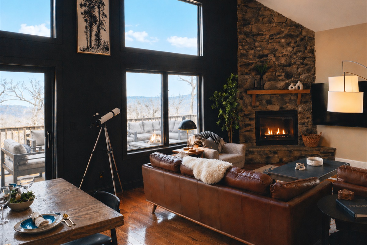 Soaring window wall, stone fireplace, and mountain views—your main gathering space, inside and out