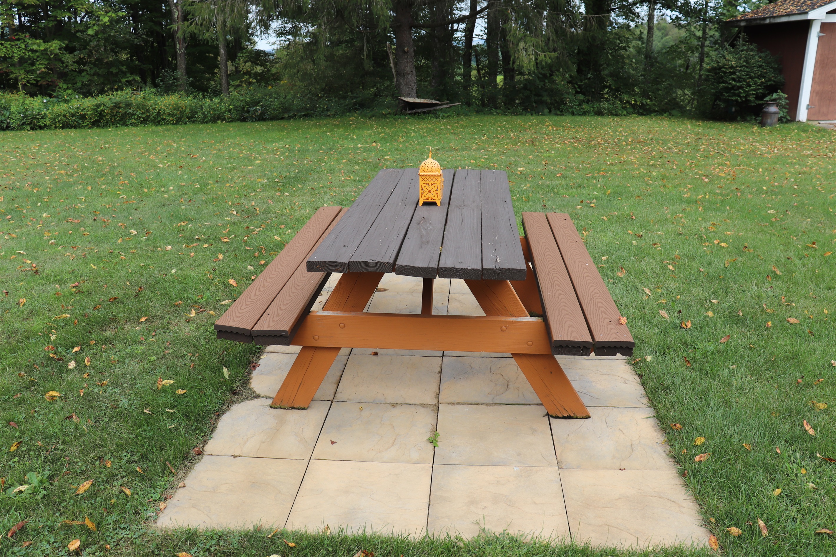 Picnic table in lawn for outside dining