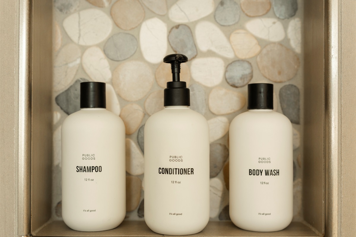 {Essentials} All the necessities provided — including Public Goods toiletries for a touch of everyday luxury.