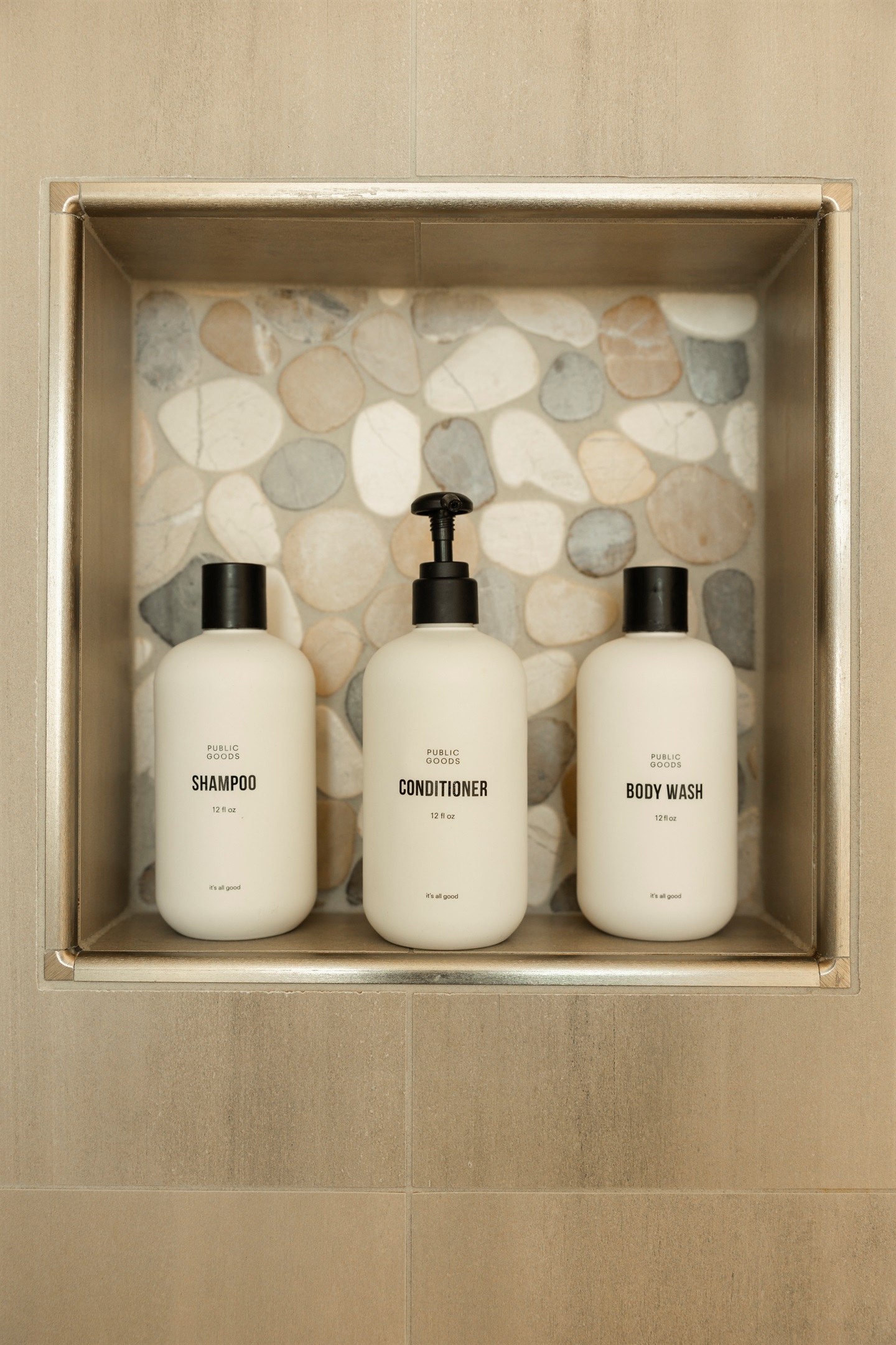 {Essentials} All the necessities provided — including Public Goods toiletries for a touch of everyday luxury.