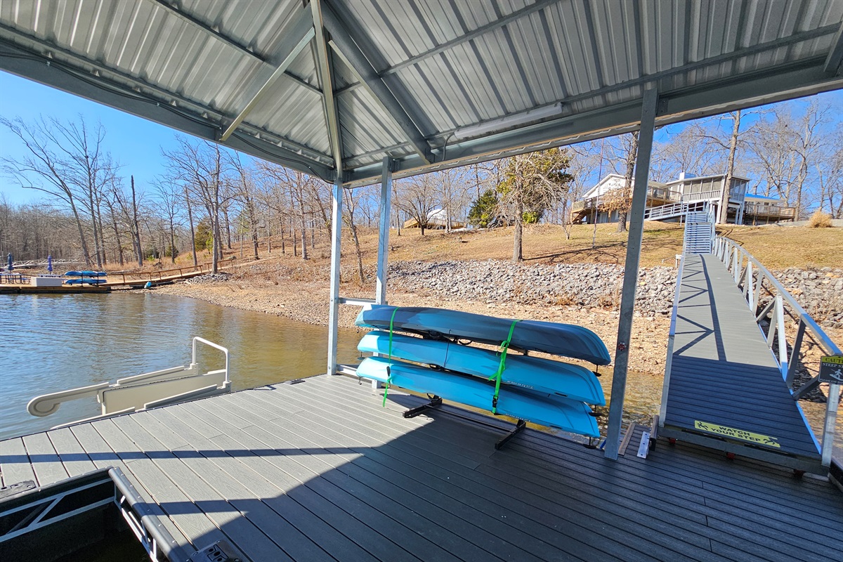 Launch provided kayaks right from your private covered dock