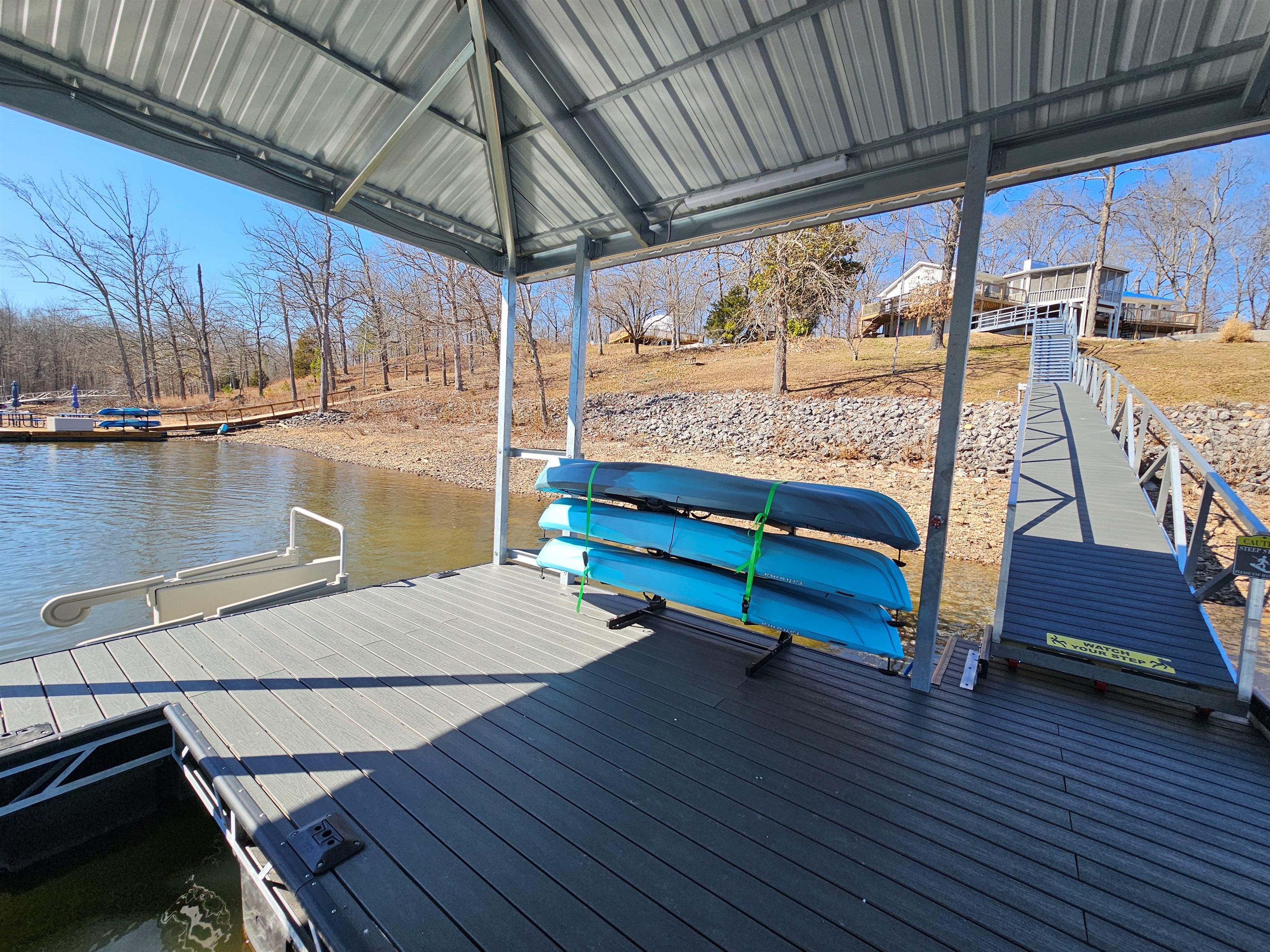 Launch provided kayaks right from your private covered dock