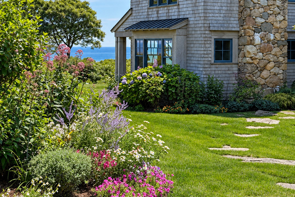 Stone chimney and flower gardens