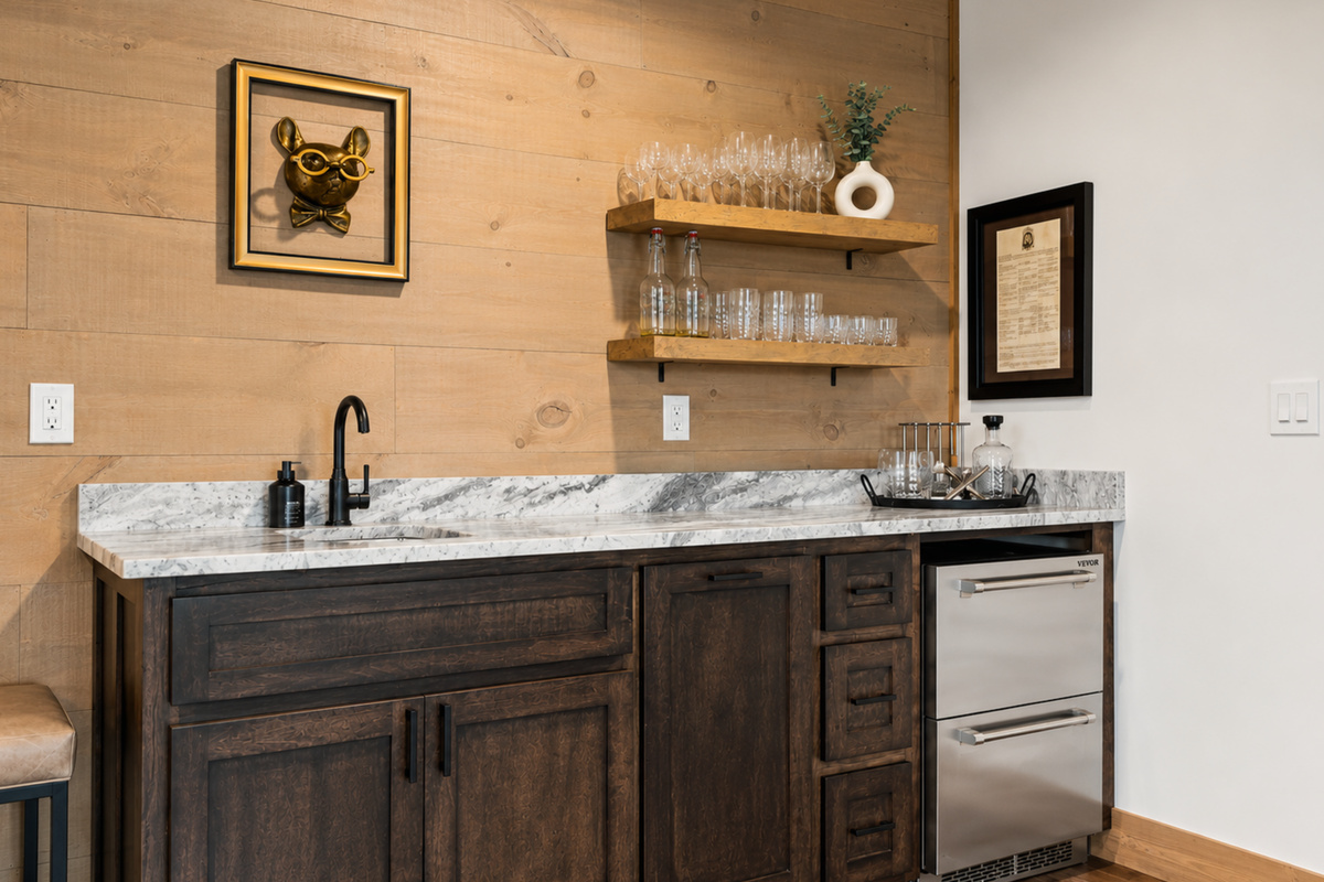 The chic wet bar is your go-to for happy hour cocktails or celebratory nightcaps. With a vibe as cool as your drinks.