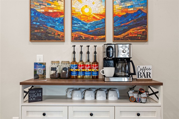 Custom coffee bar with full selection of K-cups, whole beans, ground, d-caff, so you can have your coffee any way you like it! 