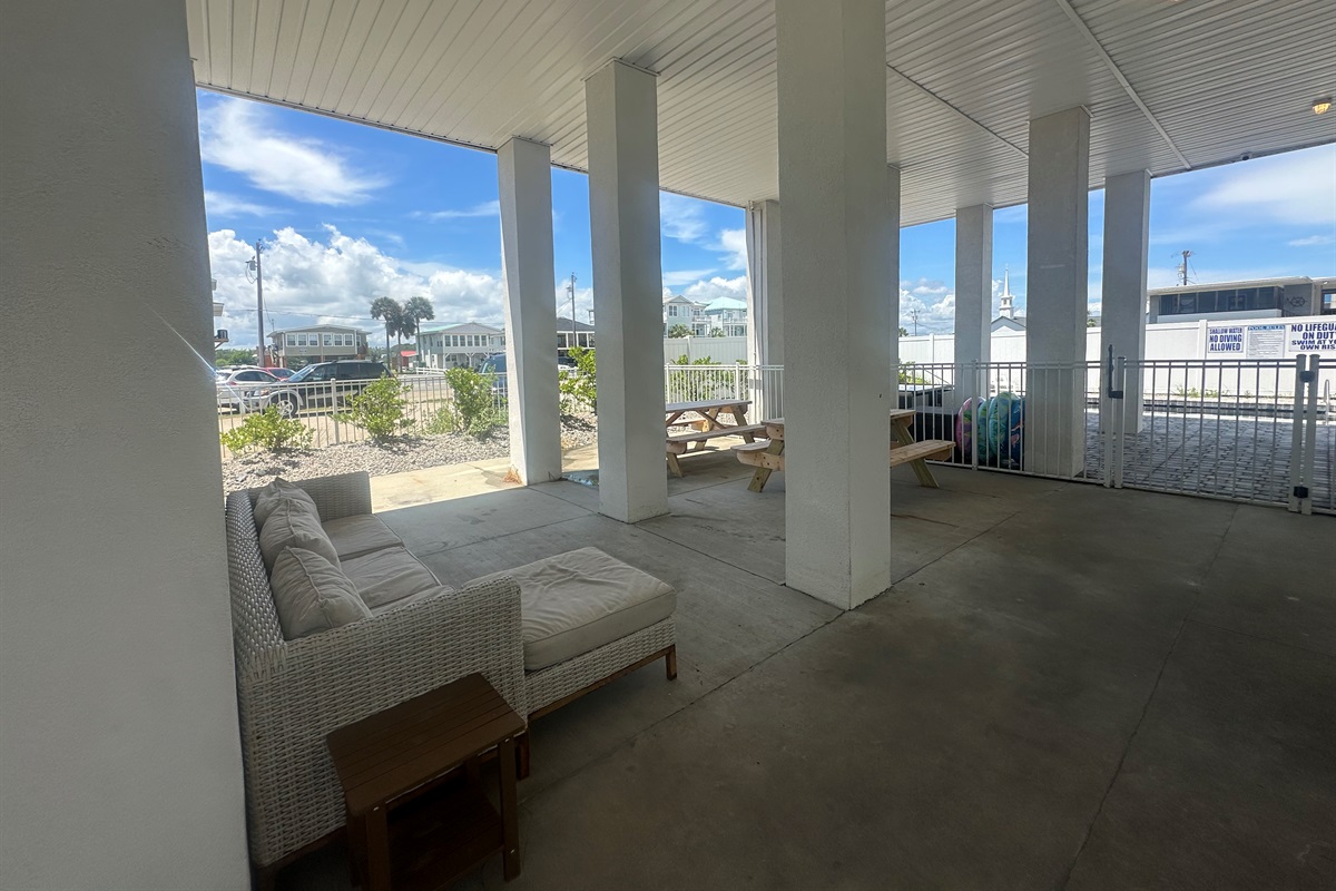 Exterior patio with picnic tables