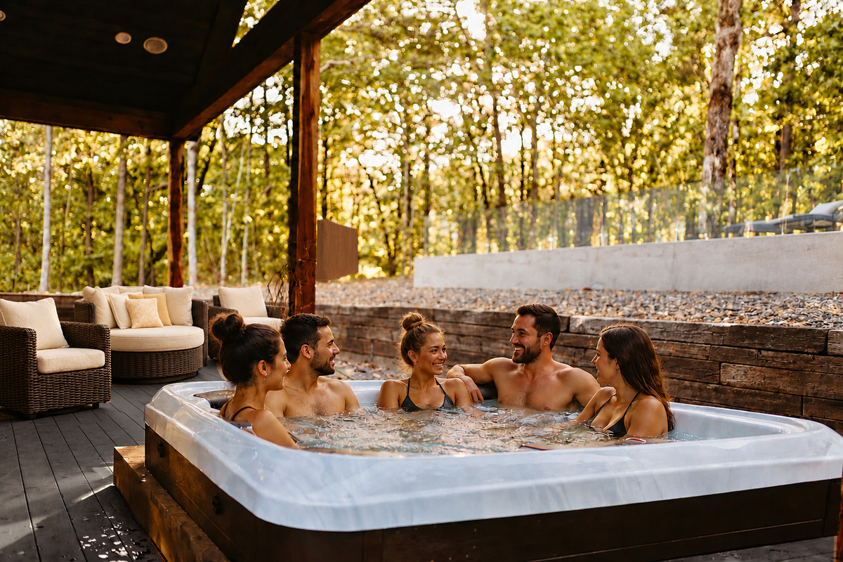Private hot tub on the covered deck, surrounded by trees.