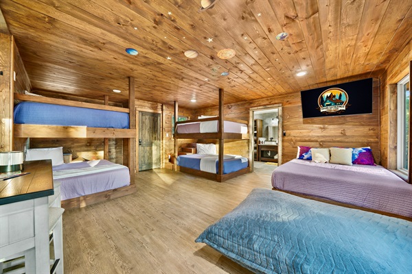   Bunk Loft with 5 queen beds. Perfect for a fun filled getaway.