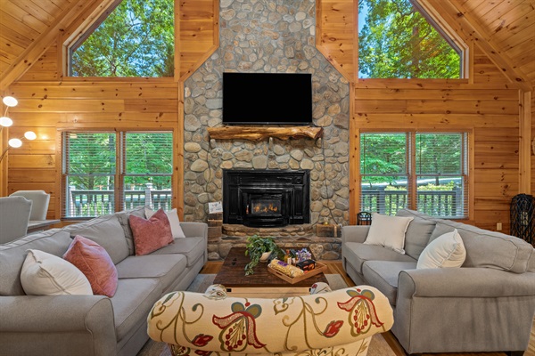Cozy up by the wood-burning fireplace