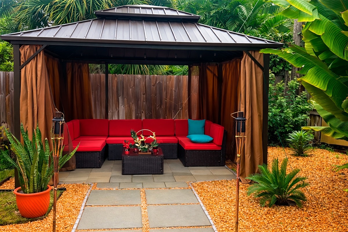 A cozy outdoor lounge designed for conversation and connection.