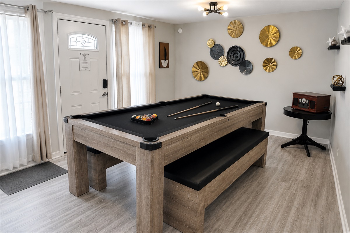 Surprise! Our dining table easily converts to a pool table for extra fun