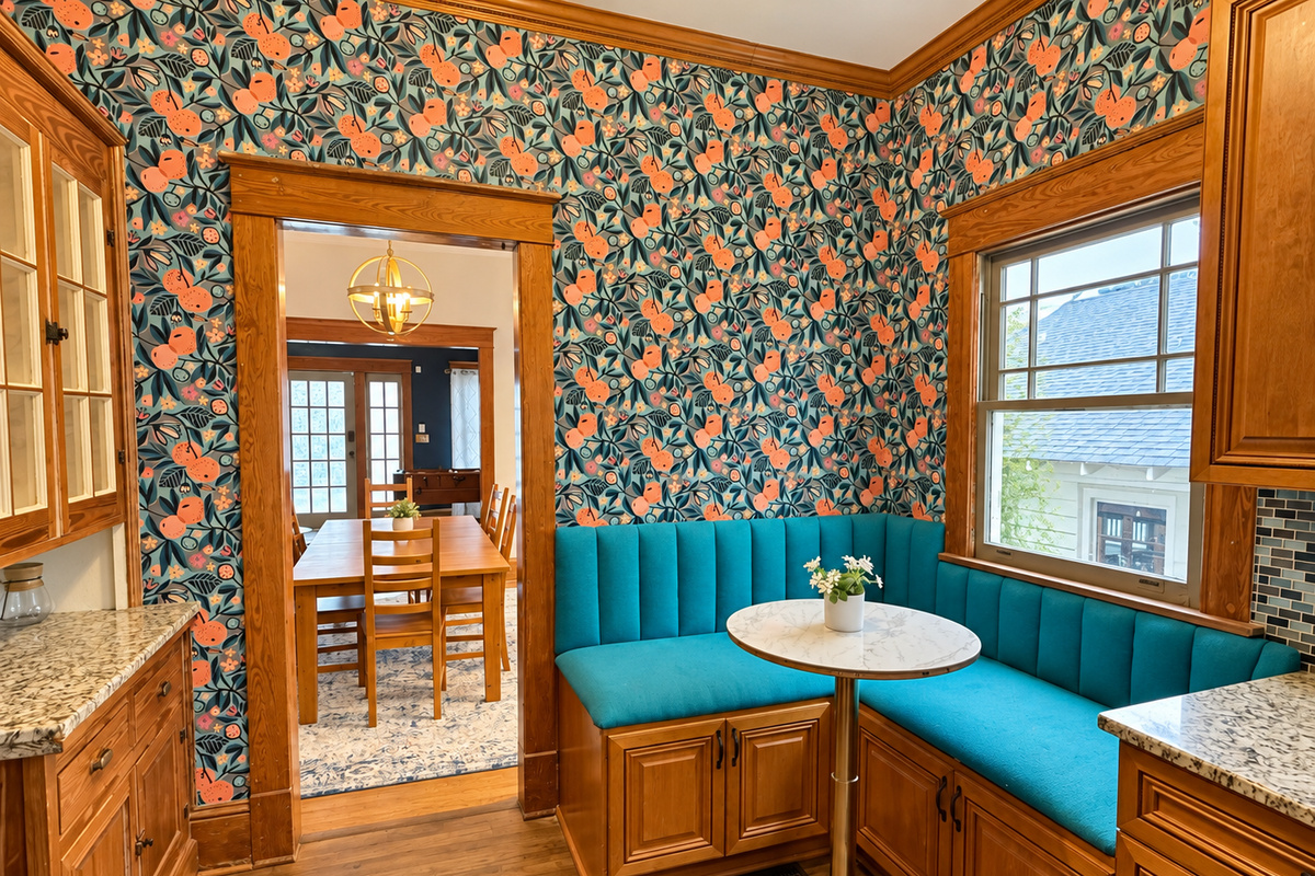 Savor a cup of coffee in the cozy seating area in the kitchen