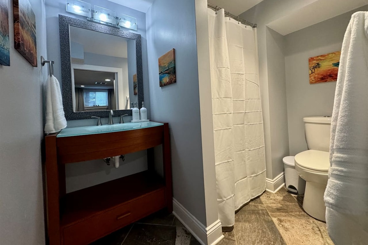 The Garden Level Bathroom has a walk-in shower, vanity and toilet.