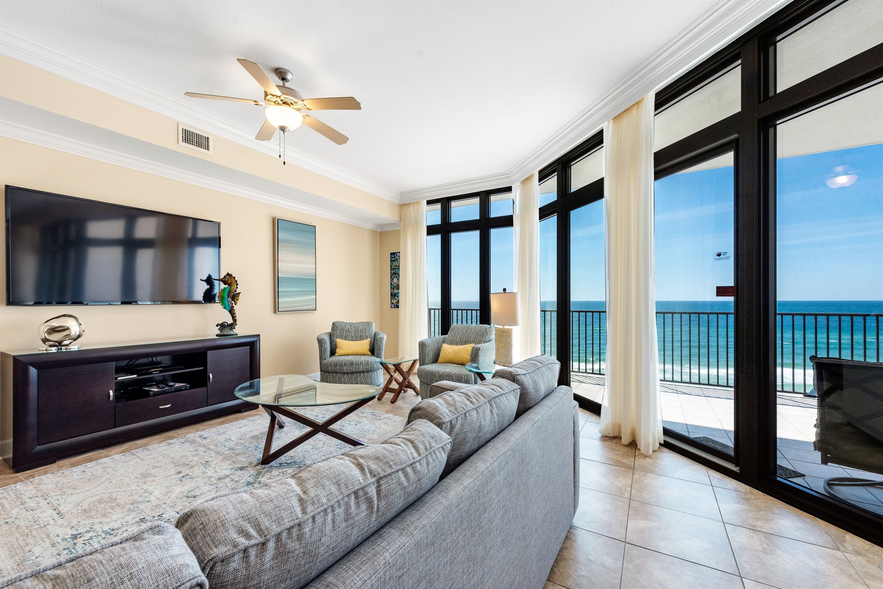 Living room with sleeper sofa and breathtaking Gulf View