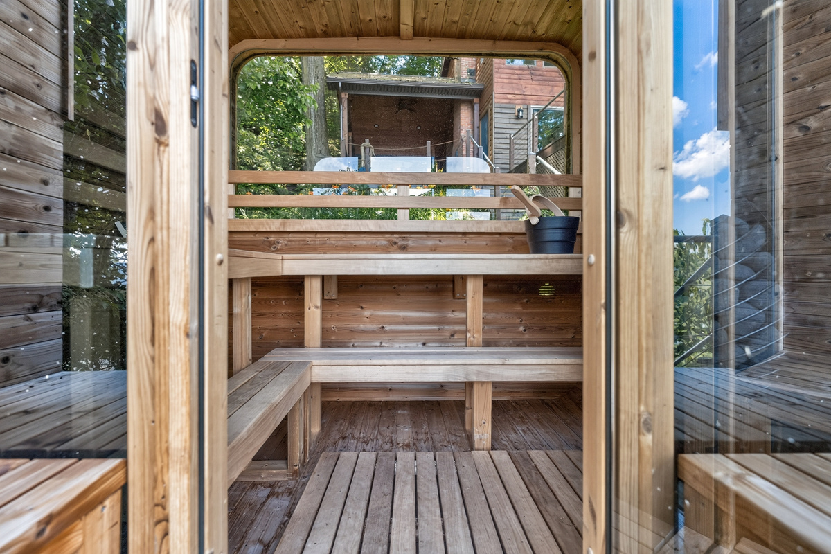 Wooden benches inside the sauna