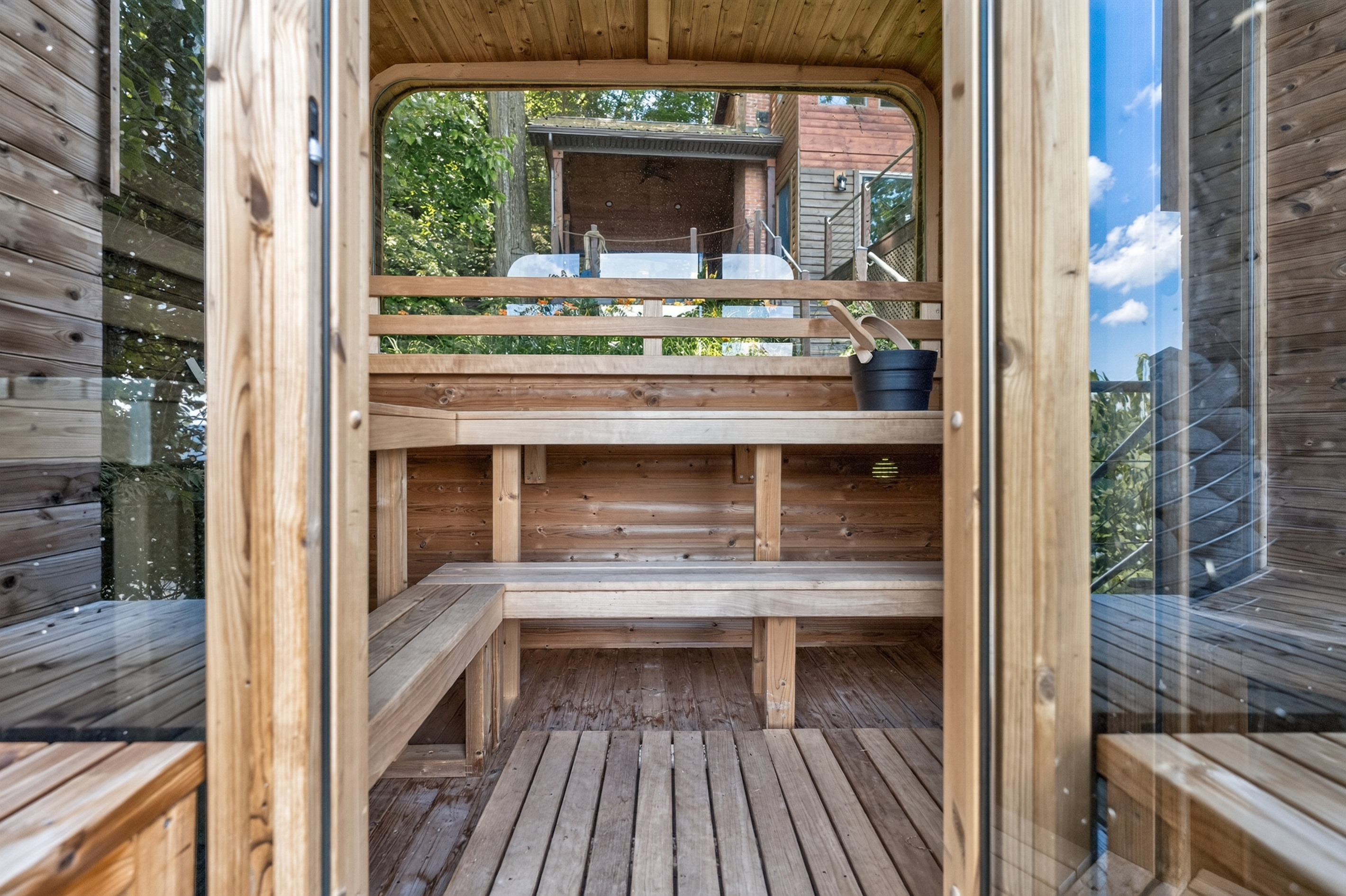 Wooden benches inside the sauna