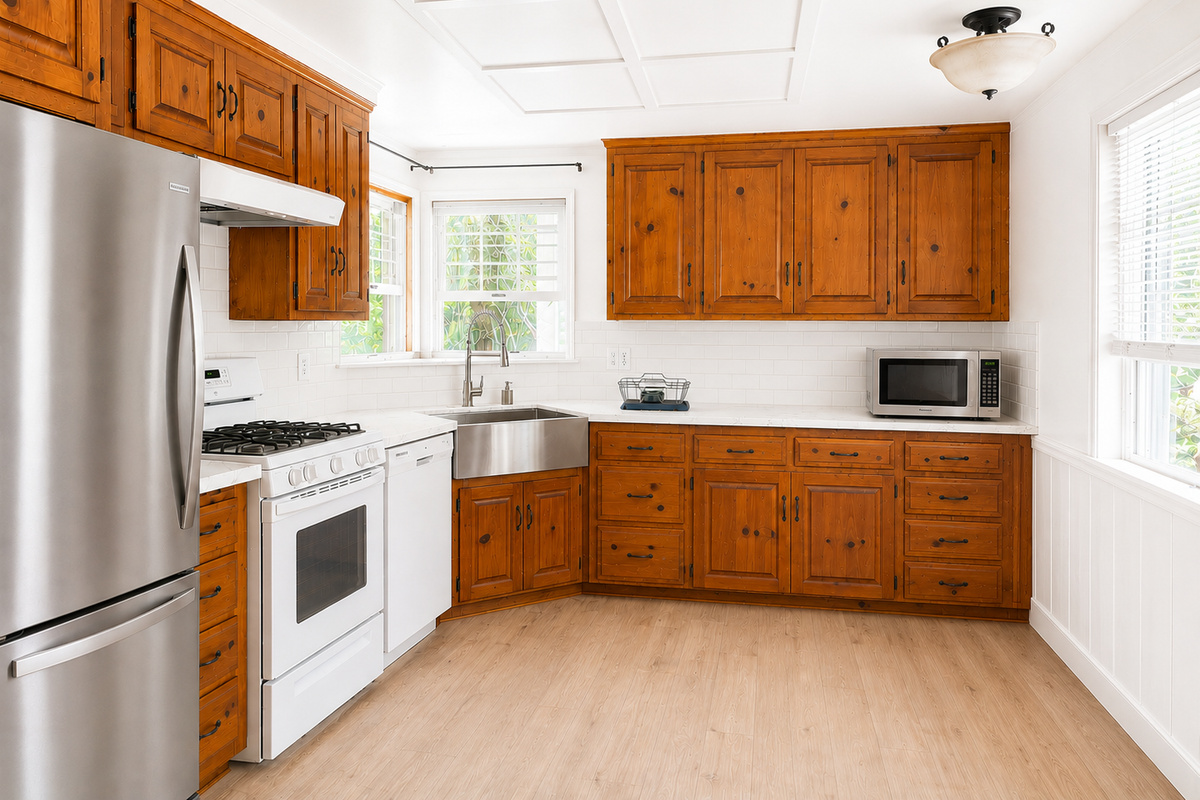 Large kitchen with new countertops and back splash and new flooring