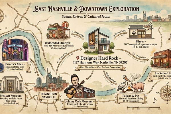 Experience the best of East Nashville in minutes. Award-winning restaurants, iconic music landmarks, and vibrant nightlife are all a short drive from your stylish home base.