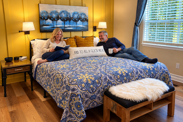 Extra blankets and room-darkening blinds/curtains, USB ports, white noise machine, and tabletop fans for your comfort.
