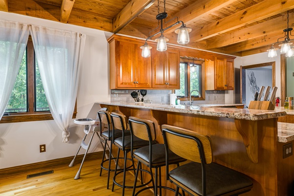 Extra seating at the island, 4 bar stools plus a high chair for the little one.