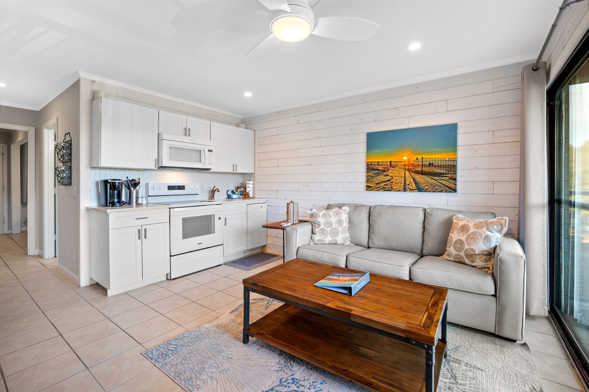 This full kitchen has all of the appliances you need, including the slim dishwasher tucked in the corner.