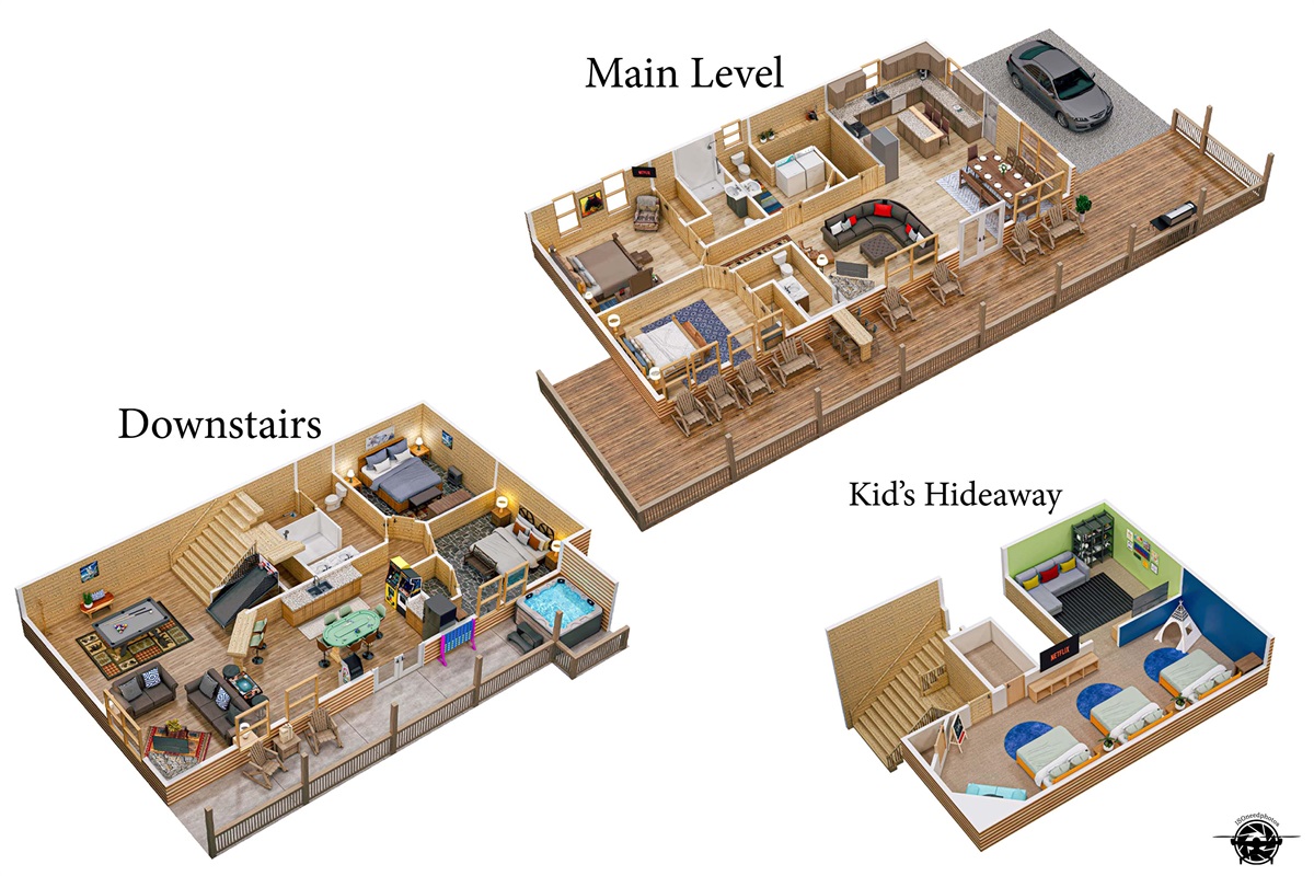 This floor plan gives you a sneak peek at the spacious main level, downstairs entertainment zone, and even a special kid's hideaway. Perfect for large families or groups!