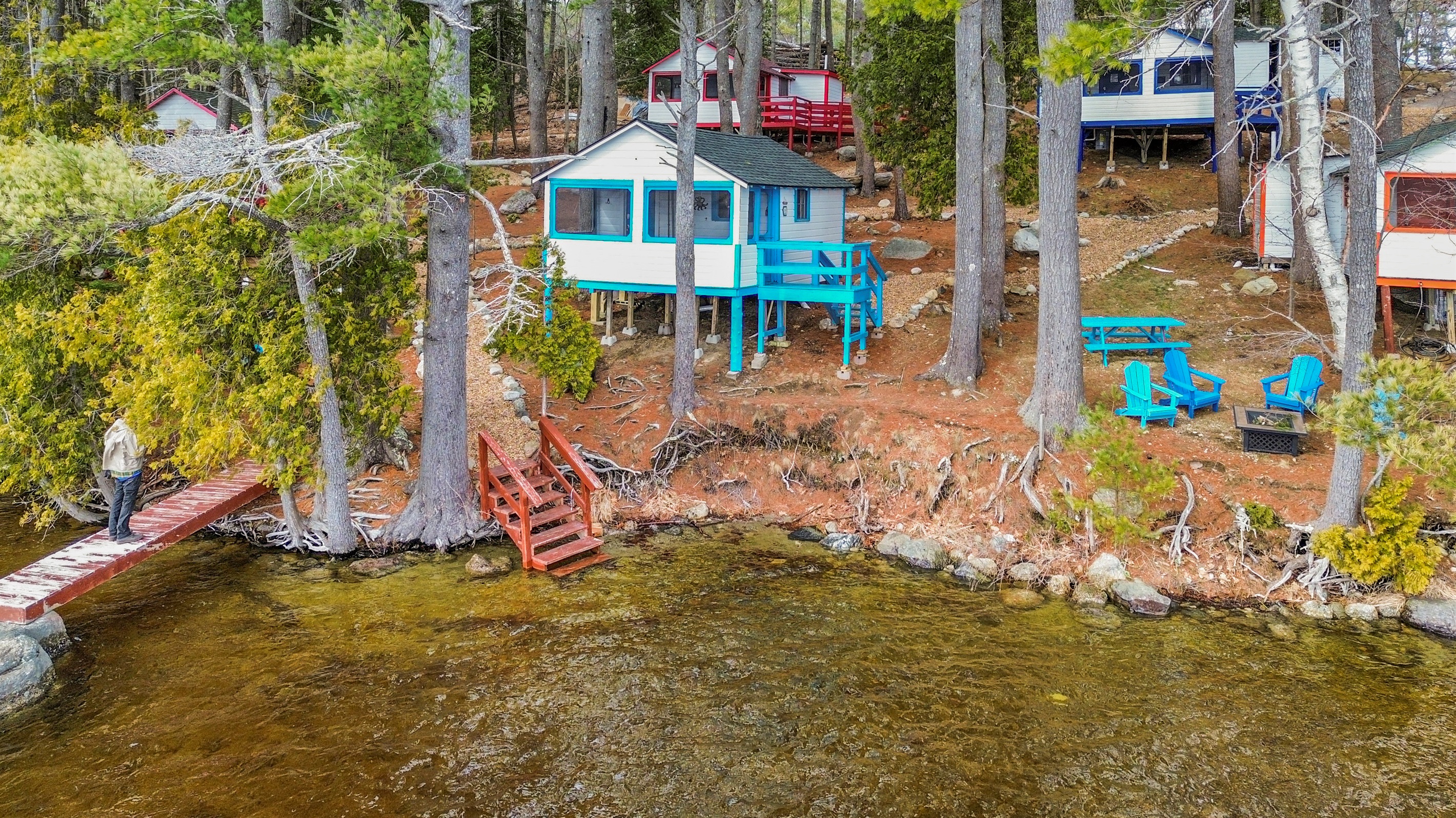 Aerial point o fview thats shows path and stairs that takes you to the lake