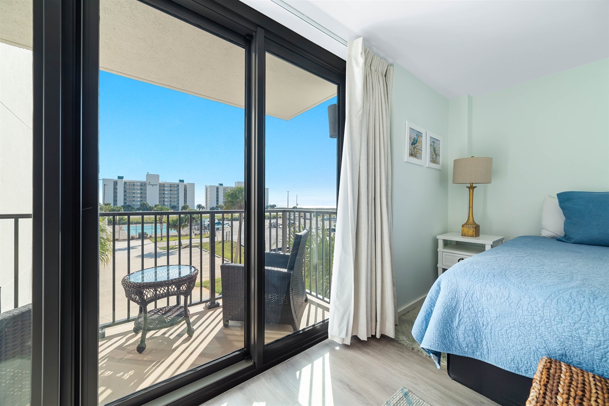 Escape to tranquility in this beautifully appointed bedroom, where the soothing sounds of Gulf coast is just beyond the balcony.
