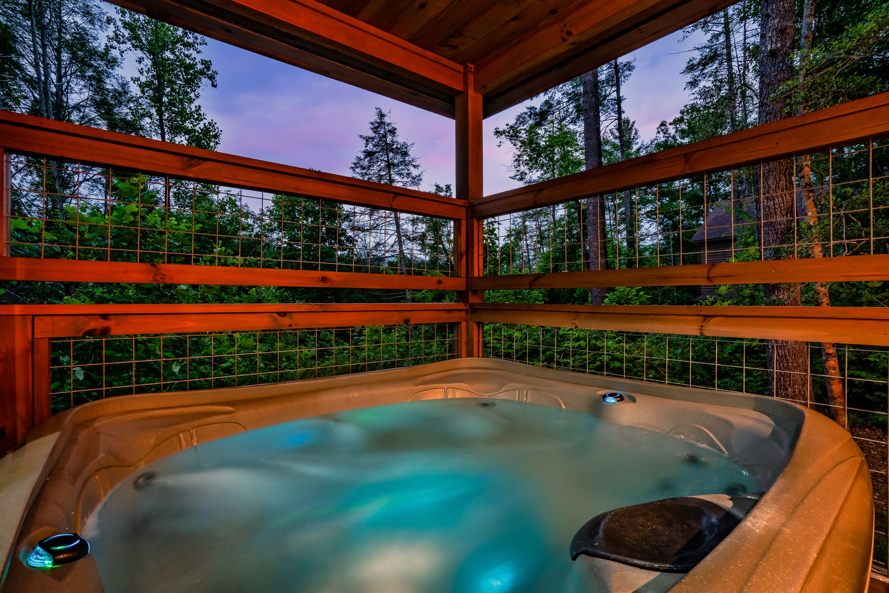 Water Bear is surrounded by woods. Al fresco hot tub relaxation. Plenty of wildlife also frequent the area.