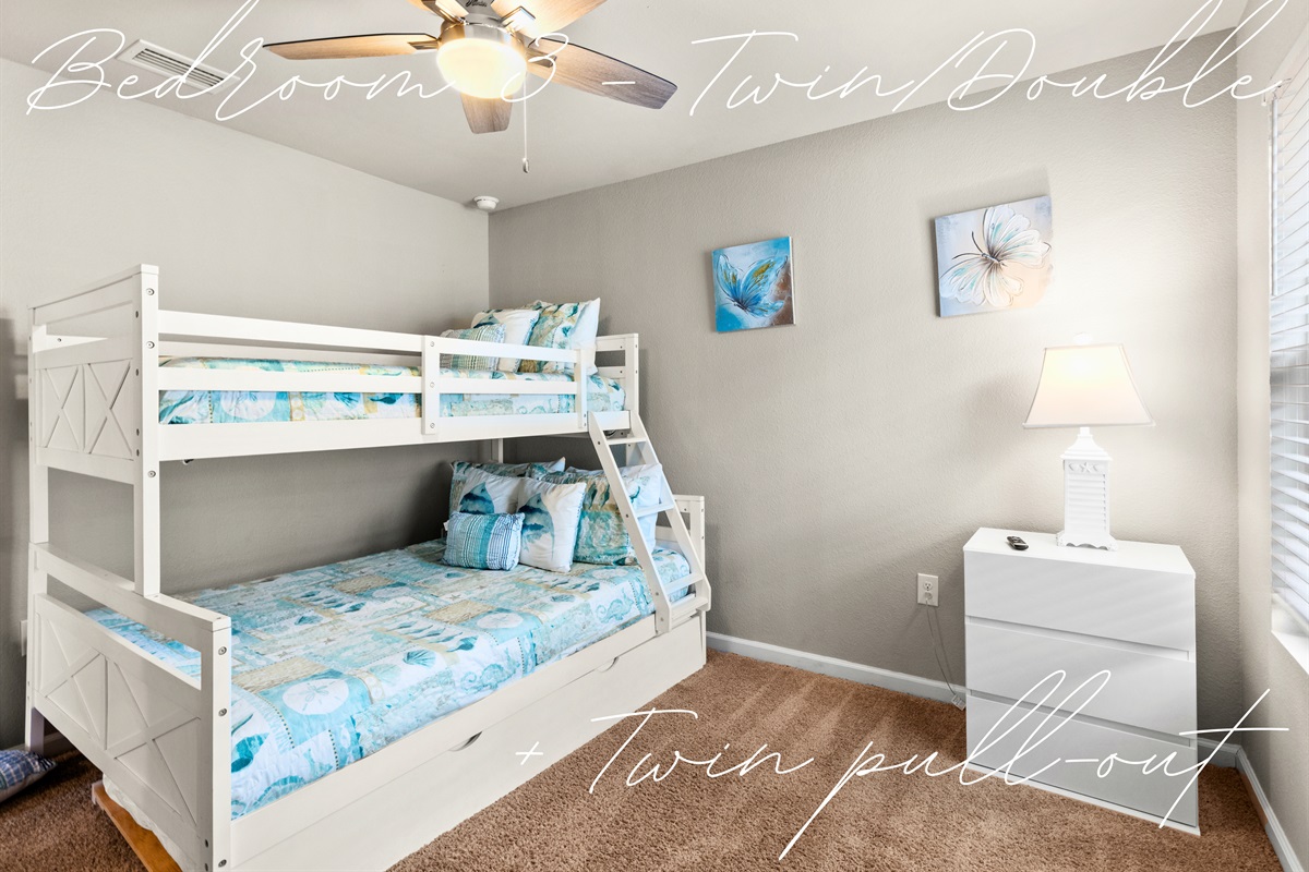 Twin-over-double bunk room with twin pullout—perfect for kids or groups needing extra space.