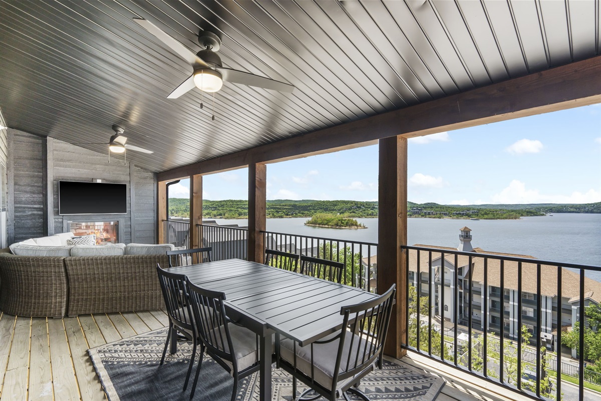 Main deck with TV and electric fireplace