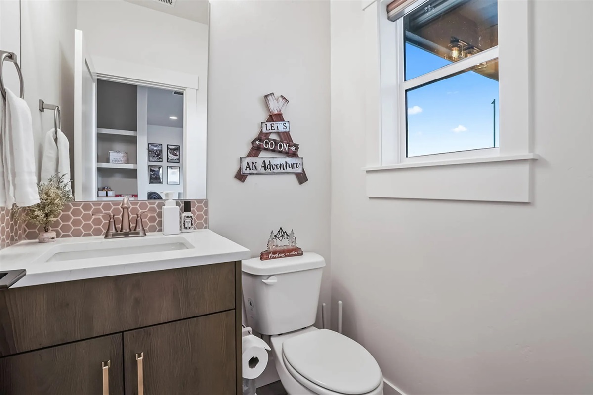 Fresh, bright, and clean restroom for you.