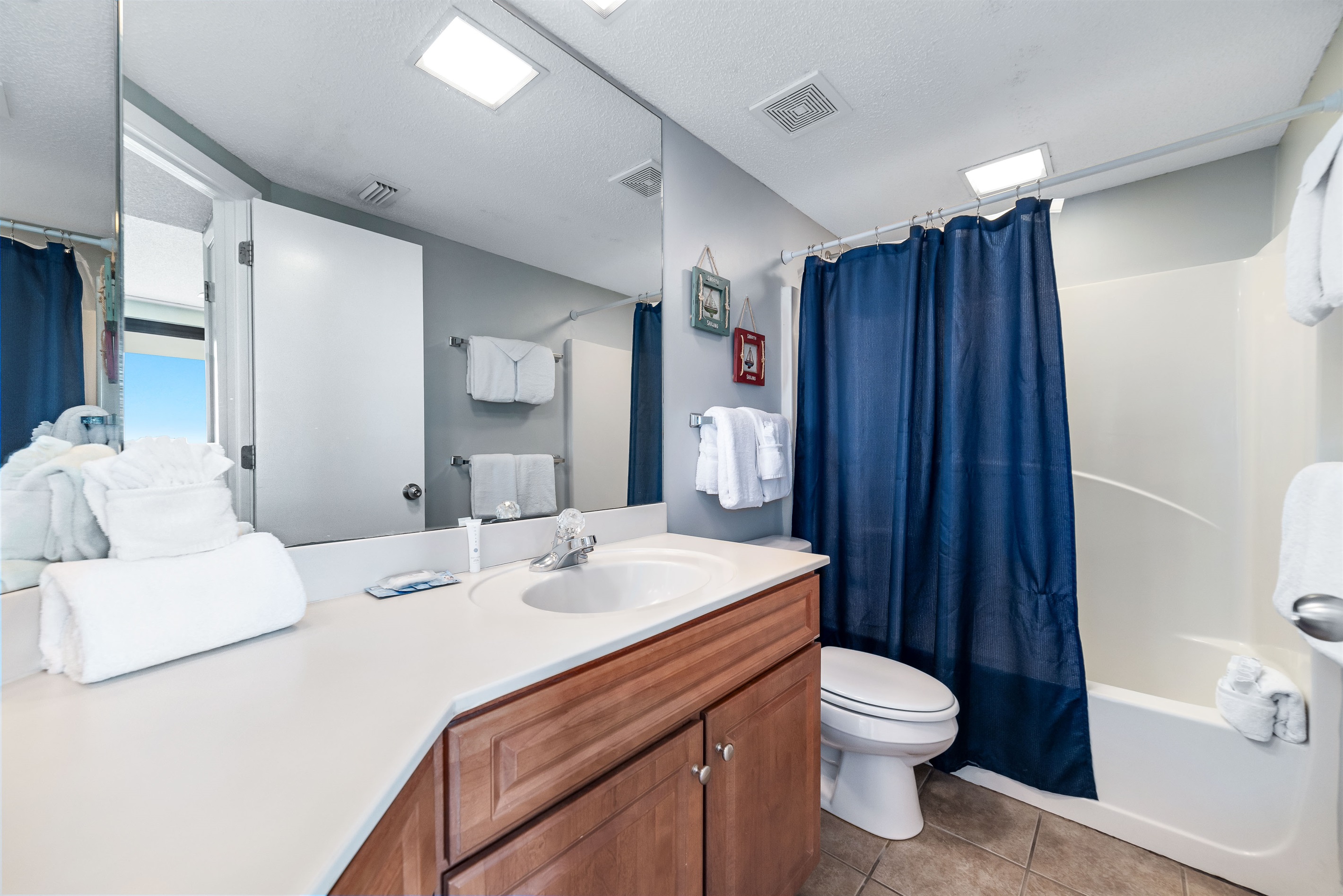 Start your day refreshed! This bright and spacious primary bathroom features an elegant vanity with plenty of counter space and modern fixtures, including a shower/tub combo.