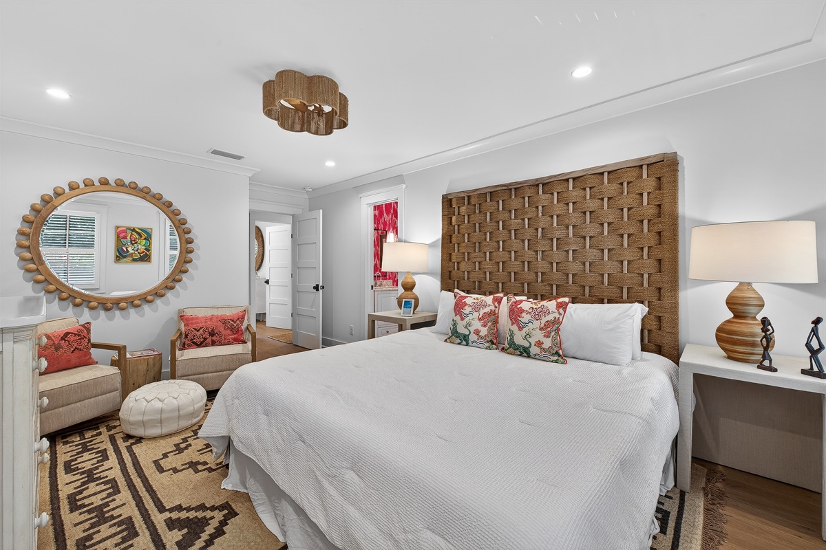 Relaxed King bedroom with warm textures and a boutique coastal feel. Large walk-in closet than can fit a pack-n-play.