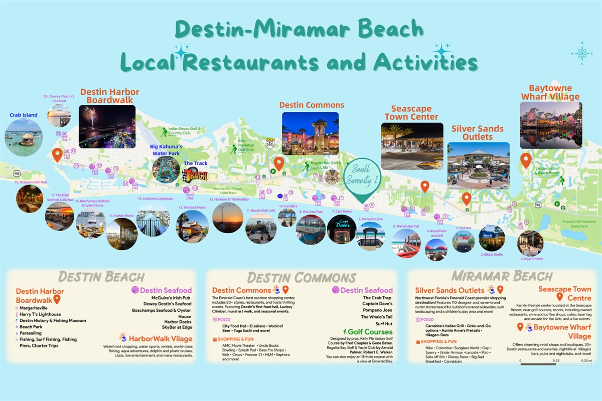 Within a 10-minute drive, Destin and Miramar Beach offer so much to do! Small Serenity is centrally located offering you easy access to it all!