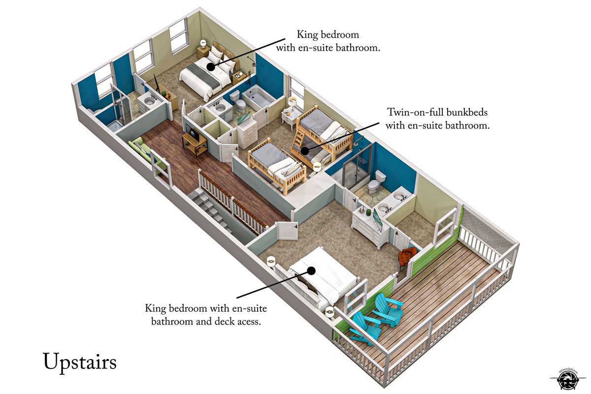 [#FloorPlan] The upper level of the home offers 3 bedrooms, two king ensuites and one room tailor made for the kids, with twin-over-full bunk beds. You get your privacy, while the kids get their own room!
