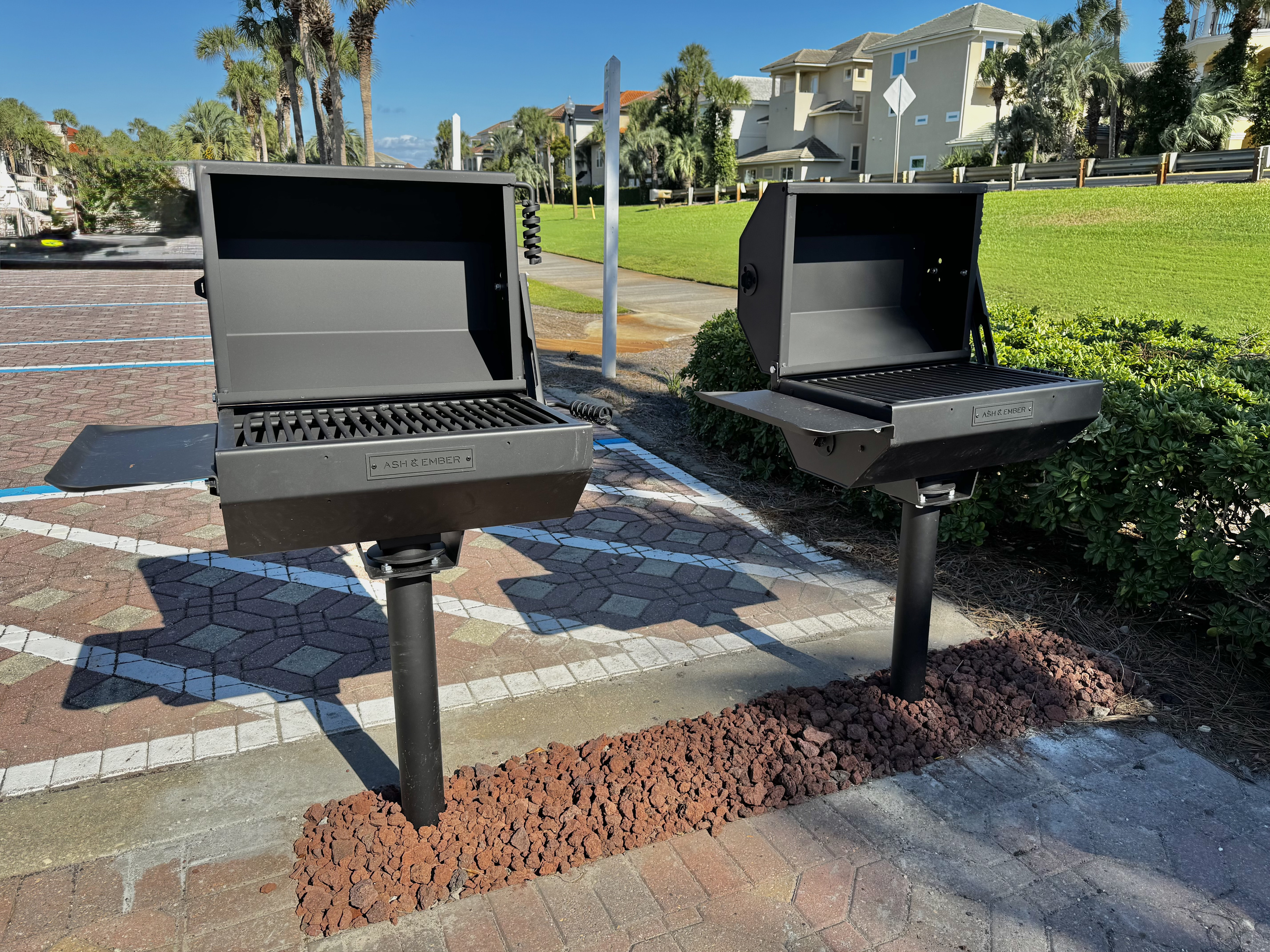 Two new charcoal grills are available for use.