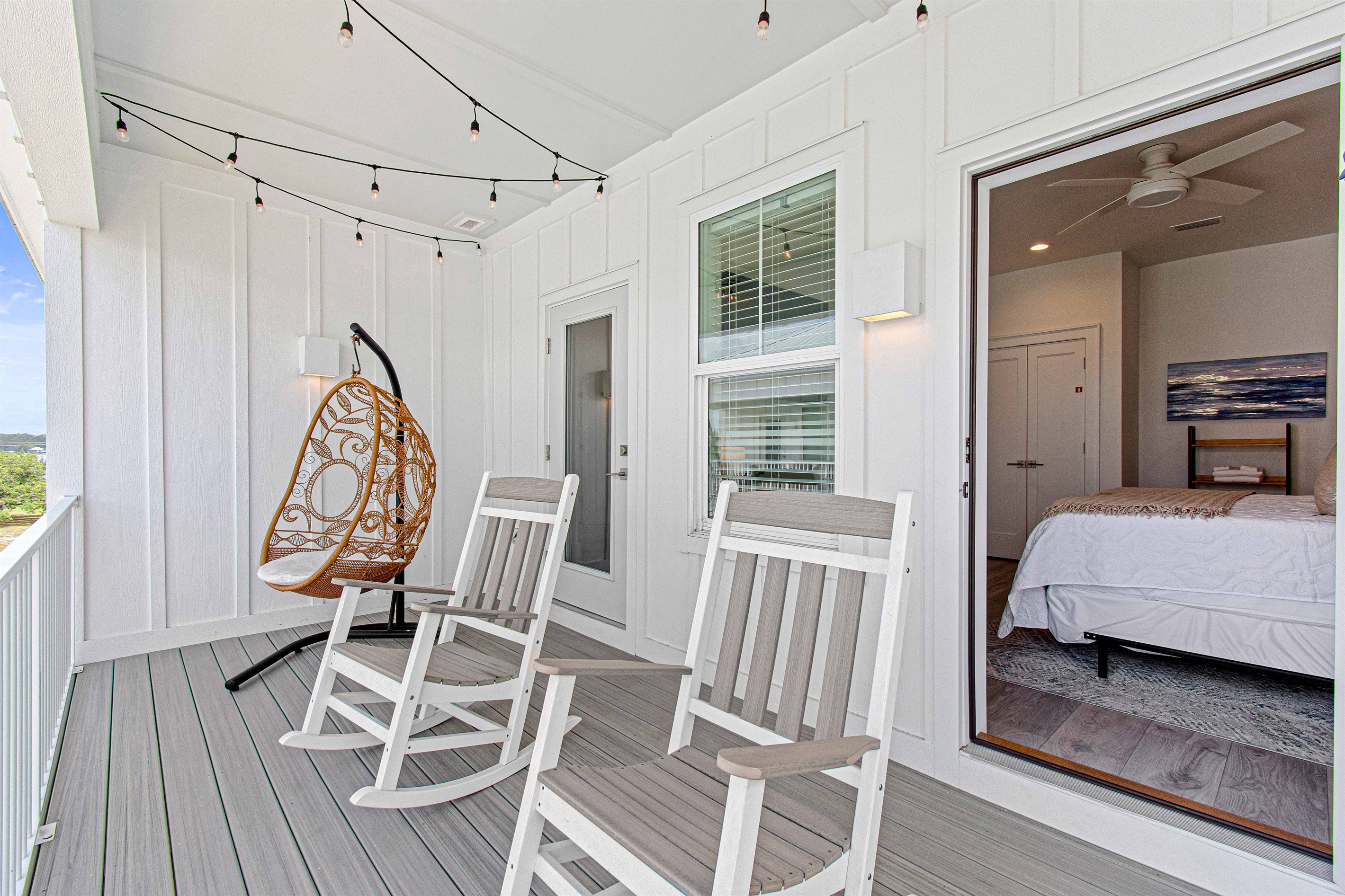 Private access to the upstairs balcony with views of the lagoon. Right off the Primary Bedroom and landing.