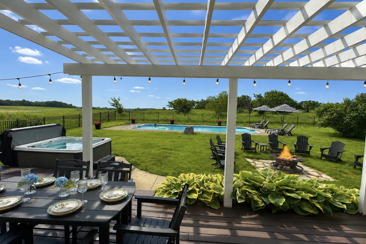 Dinner for 12 on the deck over looking the pool and orchard.