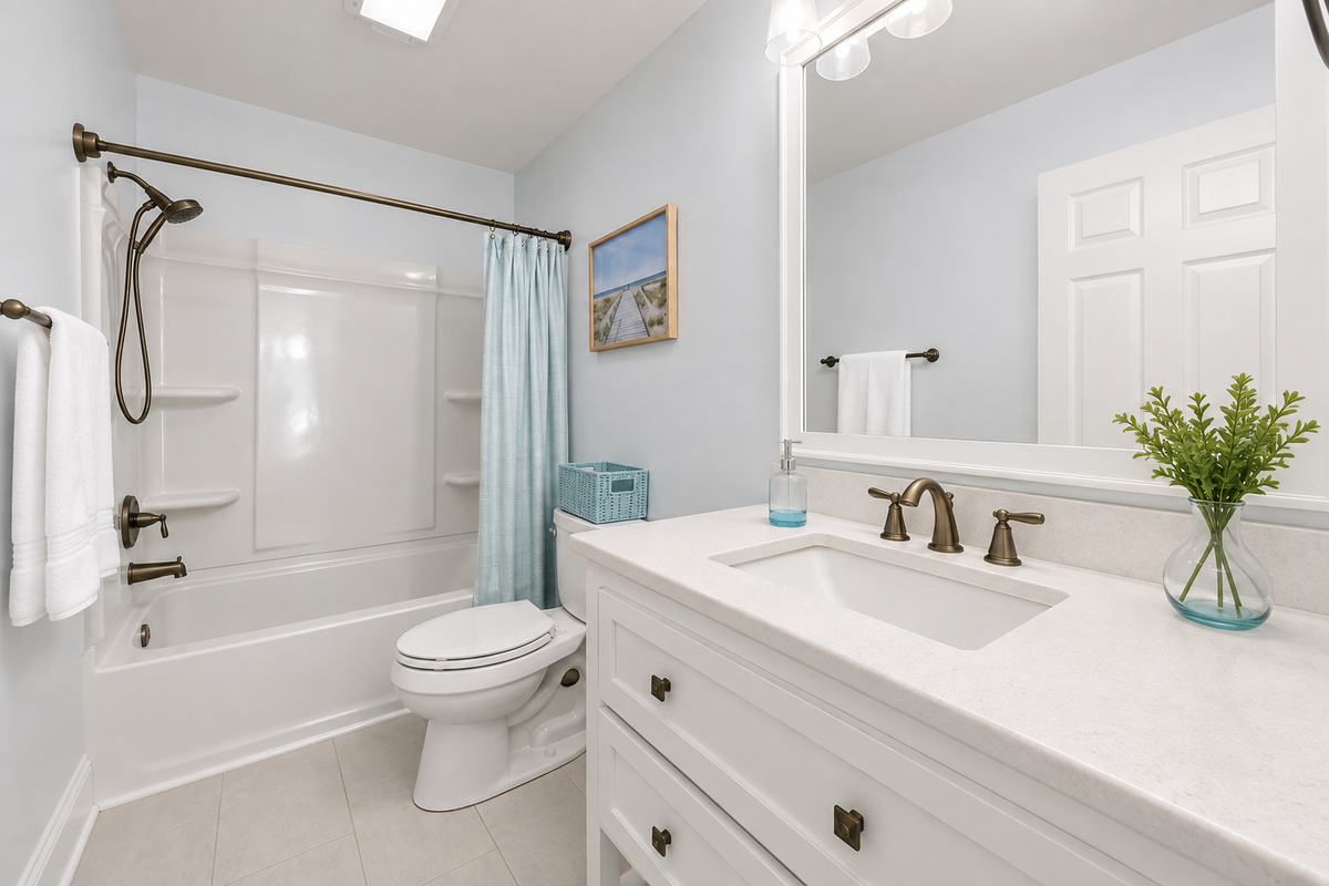 A well-appointed full hall bath conveniently located between the two first-floor bedrooms designed with a shower/tub combo.